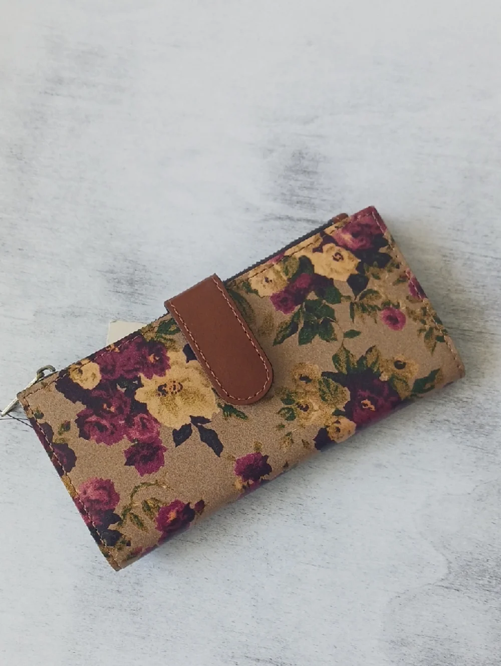 Patricia Nash Nazari Floral Leather Bi-Fold Wallet RFID Antique Rose Tan Red